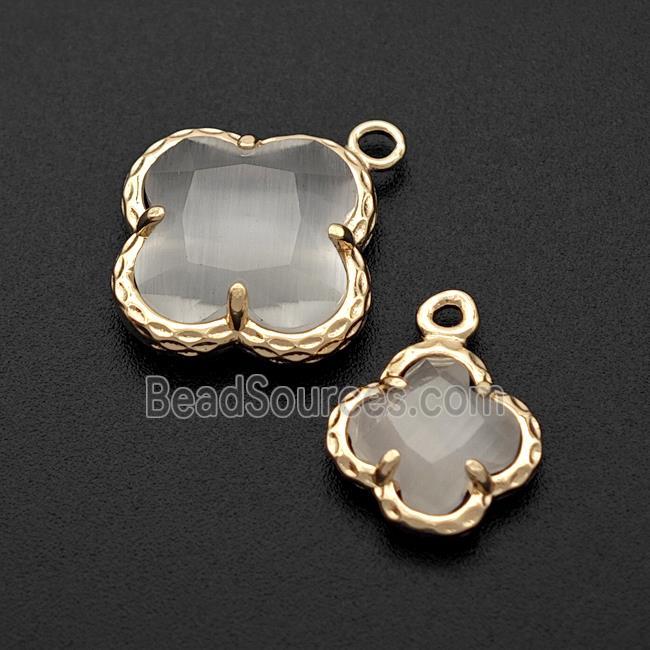 White Cats Eye Glass Clover Pendant Gold Plated