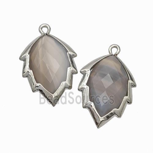 Natural Gray Botswana Agate Leaf Pendant Platinum Plated