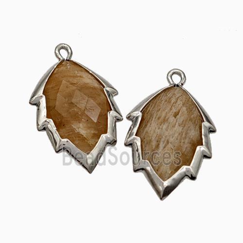 Natural Peach Sunstone Leaf Pendant Platinum Plated