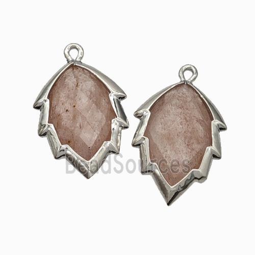 Natural Pink Strawberry Quartz Leaf Pendant Platinum Plated