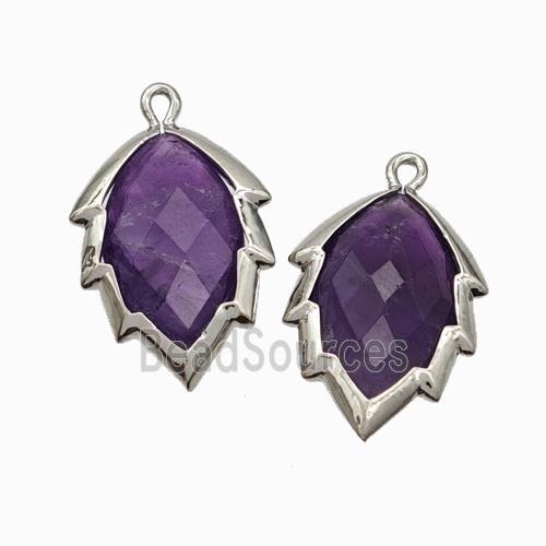 Natural Purple Amethyst Leaf Pendant Platinum Plated