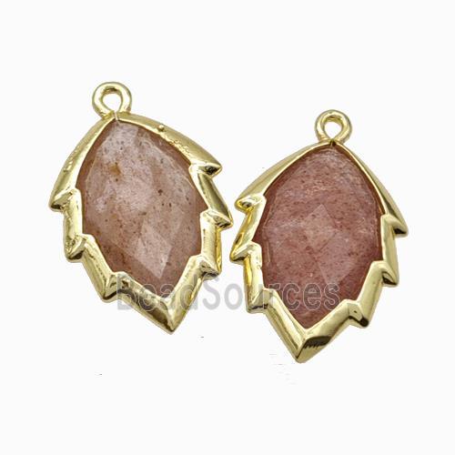 Natural Pink Strawberry Quartz Leaf Pendant Gold Plated