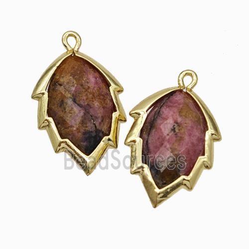 Natural Chinese Pink Rhodonite Leaf Pendant Gold Plated