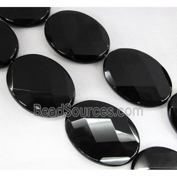 natural Onyx bead, handmade-cutting, faceted oval, black, A-grade