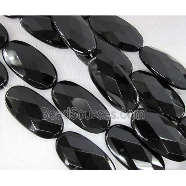 natural Onyx bead, handmade-cutting, faceted oval, black, A-grade