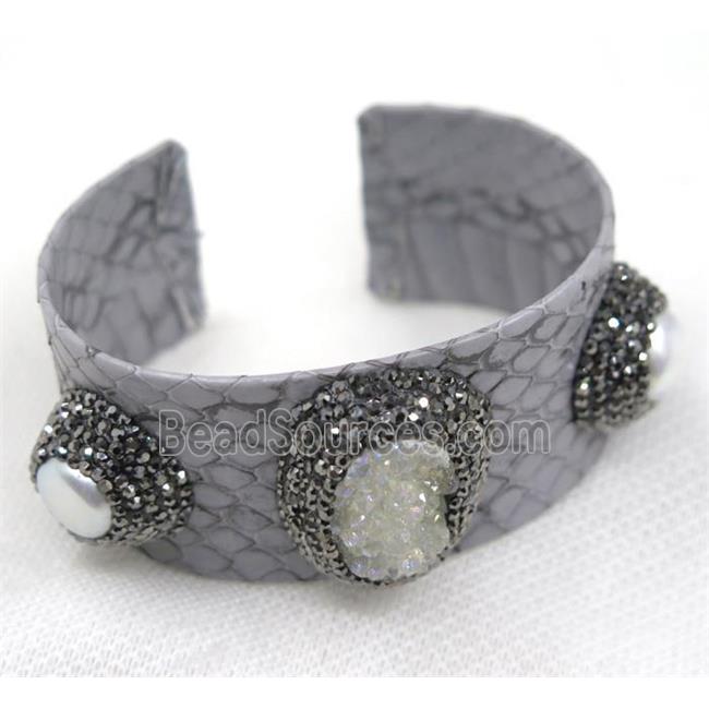 mix gemstone cuff bangle pave rhinestone, gray snakeskin, alloy