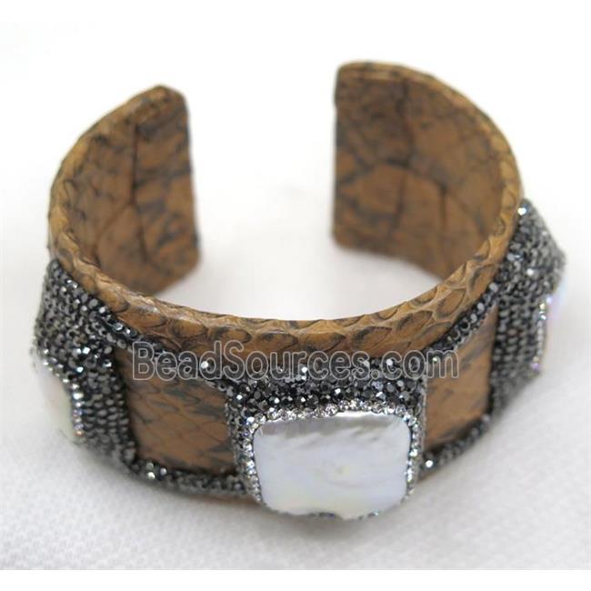 white pearl cuff bangle pave rhinestone, brown snakeskin, alloy