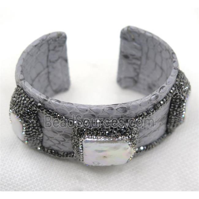 white pearl cuff bangle pave rhinestone, gray snakeskin, alloy