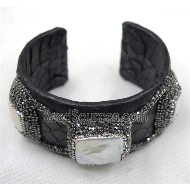 white pearl pave rhinestone, black snakeskin alloy cuff bangle