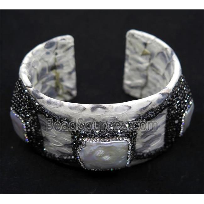 white pearl cuff bangle pave rhinestone, white snakeskin, alloy