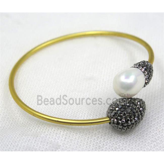 white pearl shell pave rhinestone, gold copper cuff bangle