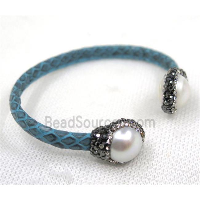 white pearl pave rhinestone, blue snakeskin copper cuff bangle