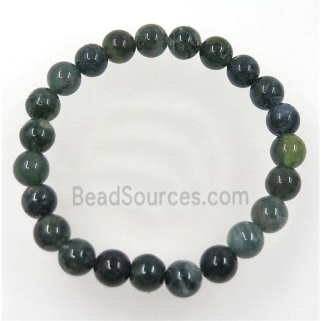 green Moss Agate bead bracelet, round, stretchy