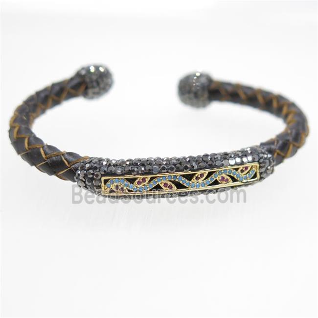 pu leather cuff bangle paved rhinestone, zircon