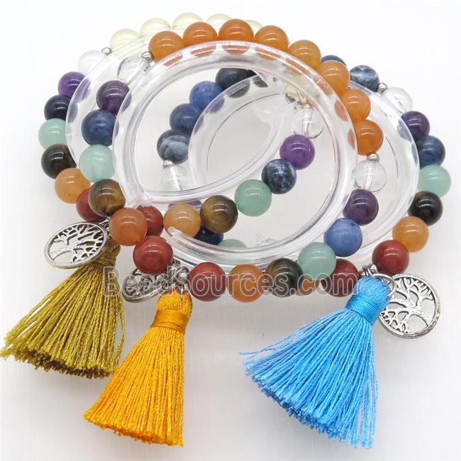 Chakra Gemstone Bracelets with tassel, tree of life, mixed, stretchy