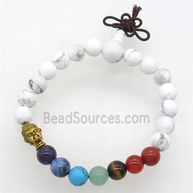 Chakra buddha Bracelets with white howlite, stretchy