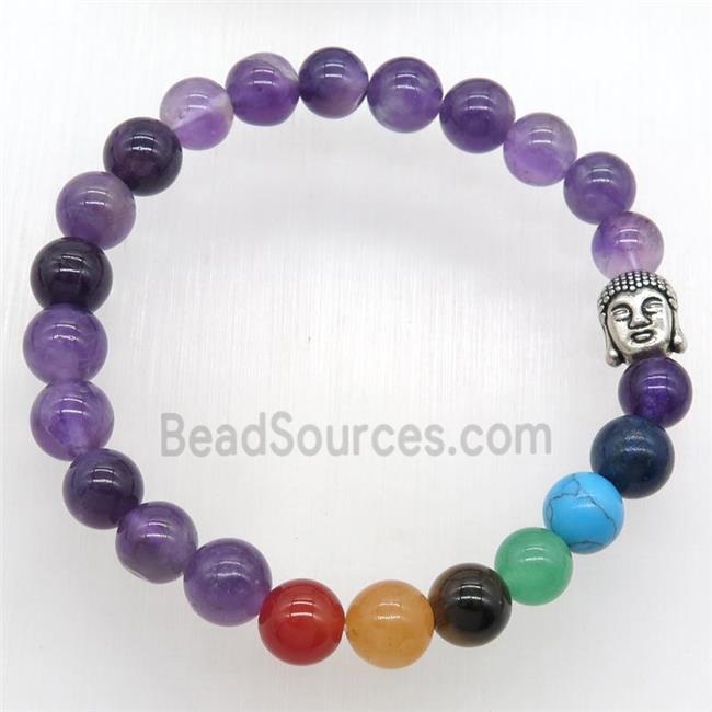 Chakra Bracelets with amethyst, buddha, stretchy