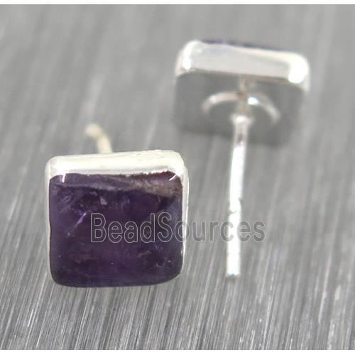 Amethyst earring studs, square, 925 silver plated