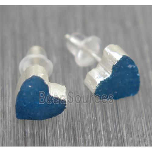 blue Druzy agate earring studs, heart, 925 silver plated