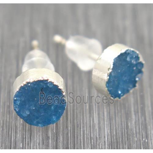 blue Druzy agate earring studs, circle, 925 silver plated