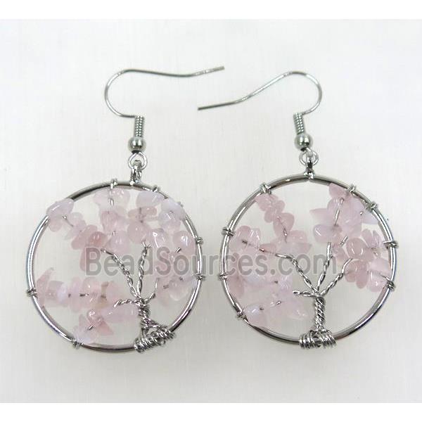 tree of life earring with rose quartz chip beads