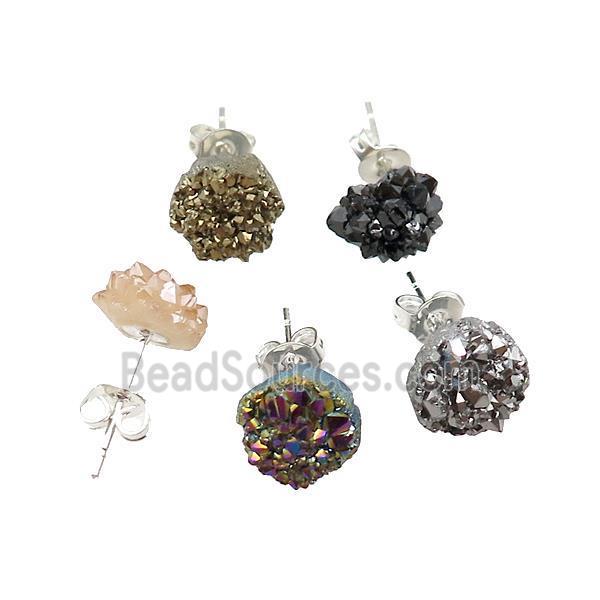 druzy agate earring studs, mix color, silver plated