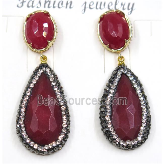 red jade earring pave rhinestone, teardrop