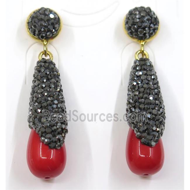 red pearl shell earring pave rhinestone