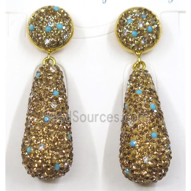 resin earring pave white yellow rhinestone, teardrop