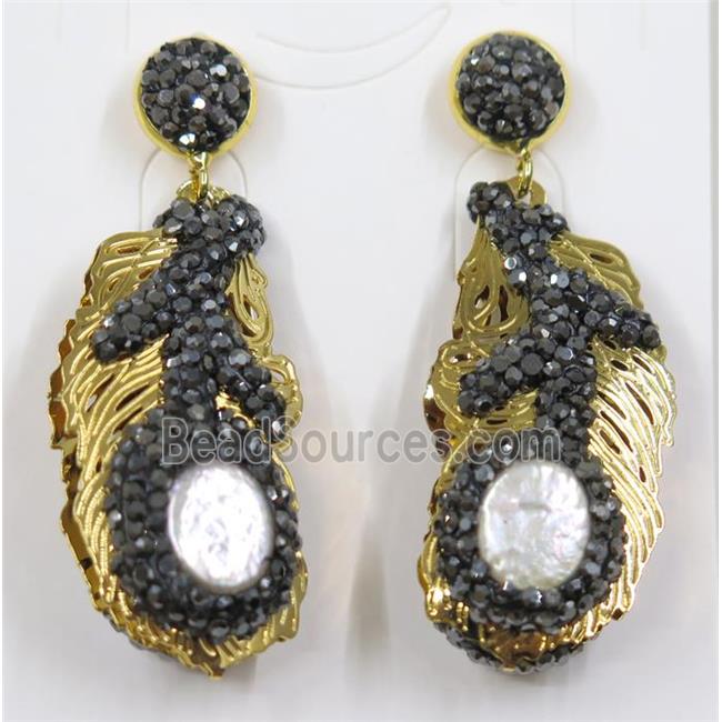 white freshwater Pearl earring pave rhinestone, alloy, gold plated