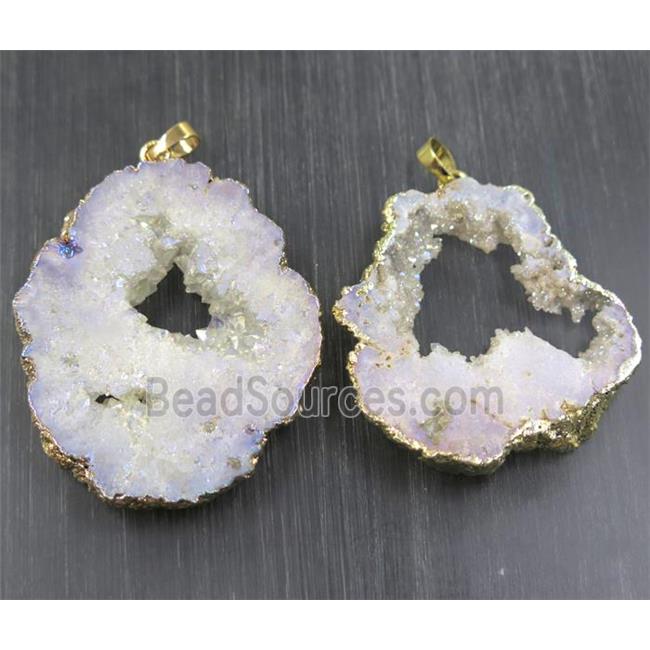 white AB-color Druzy Agate slice pendant, freeform, gold plated