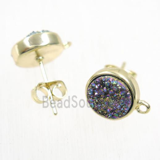 rainbow druzy quartz earring studs, flat-round, gold plated