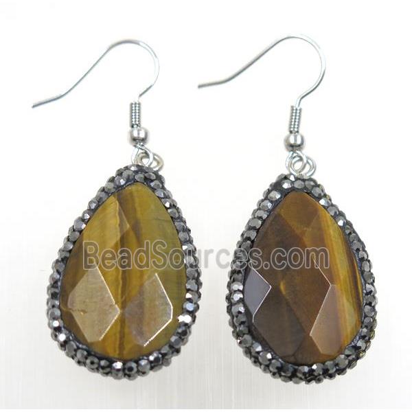 yellow Tiger eye stone earring paved rhinestone, teardrop