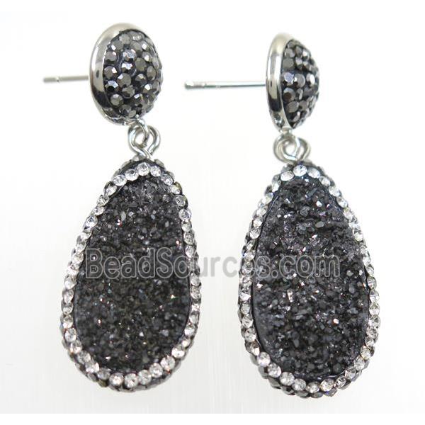 black Druzy quartz earring paved rhinestone, teardrop