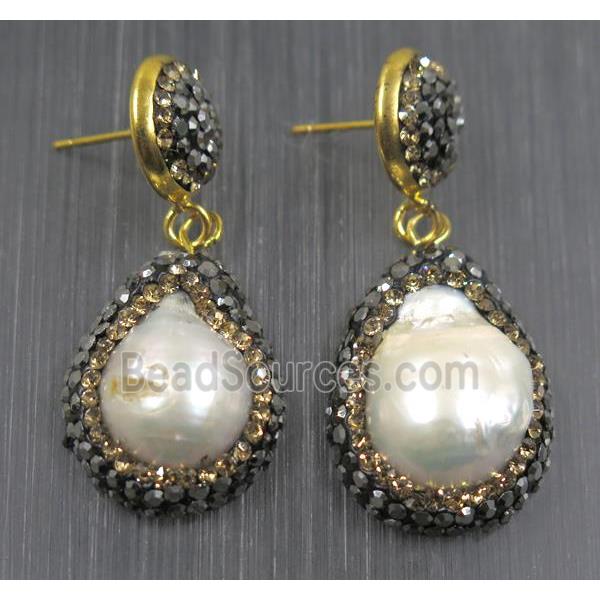 freshwater Pearl earring paved rhinestone