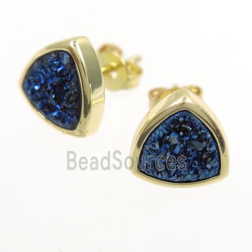 blue electroplated Druzy Agate Earring Studs, triangle, gold plated