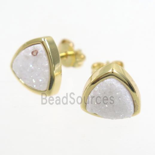 white AB-color Druzy Agate Earring Studs, triangle, gold plated