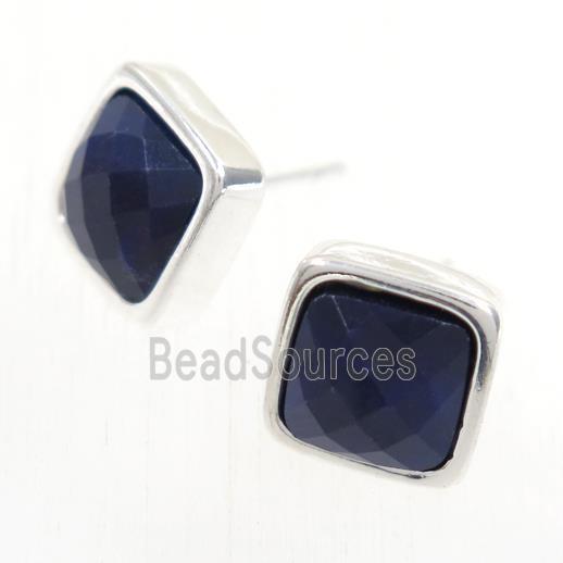 blue Lapis earring studs, square, platinum plated