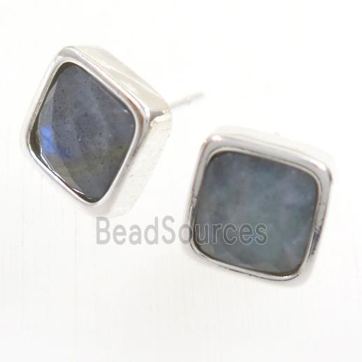 Labradorite earring studs, square, platinum plated