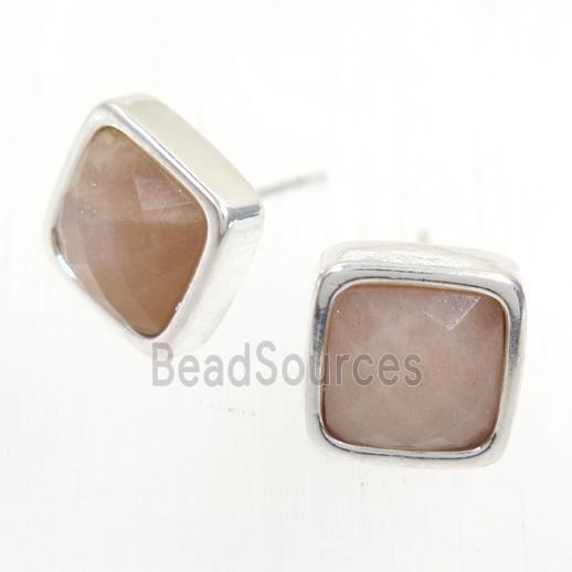 peach Moonstone earring studs, square, platinum plated