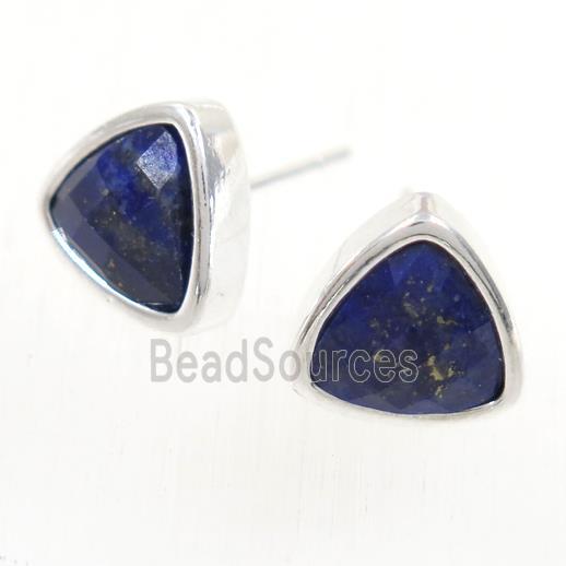 blue Lapis Lazuli earring studs, triangle, platinum plated