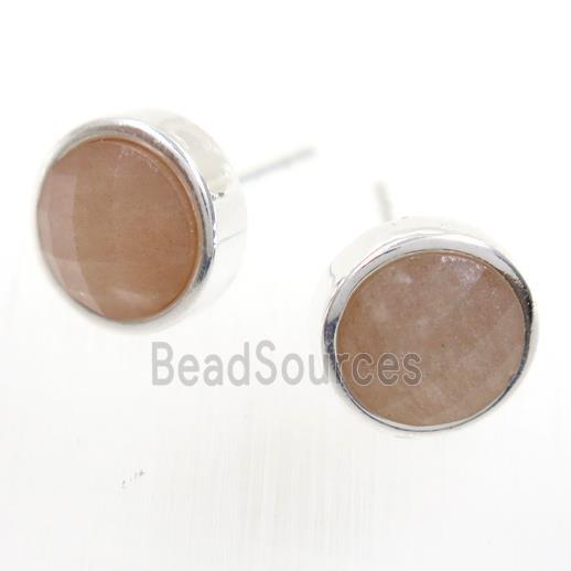 peach MoonStone earring studs, circle, platinum plated