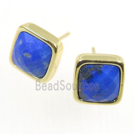 blue Lapis Lazuli earring studs, square, gold plated