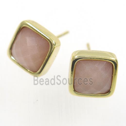 peach MoonStone earring studs, square, gold plated