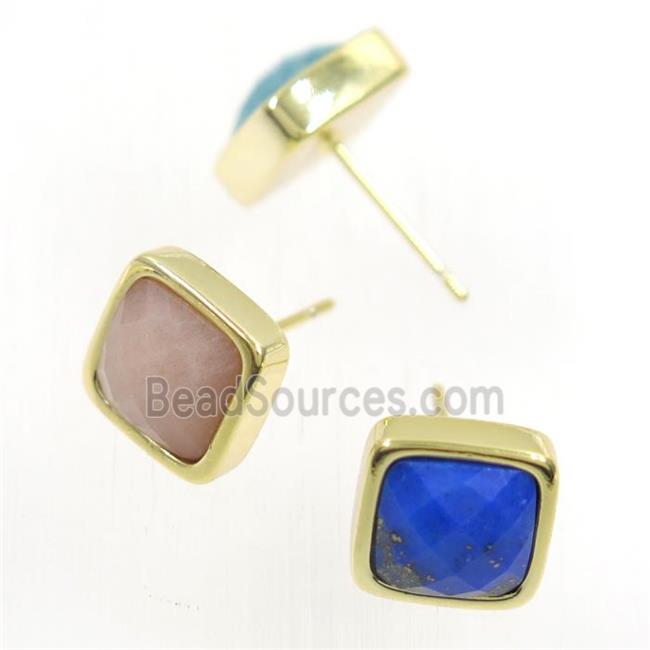 mixed gemstone earring studs, square, gold plated
