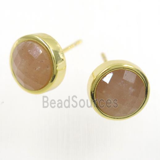 peach MoonStone earring studs, circle, gold plated