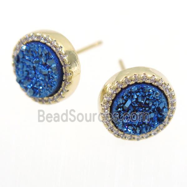 blue Druzy Quartz earring studs paved zircon, circle, gold plated