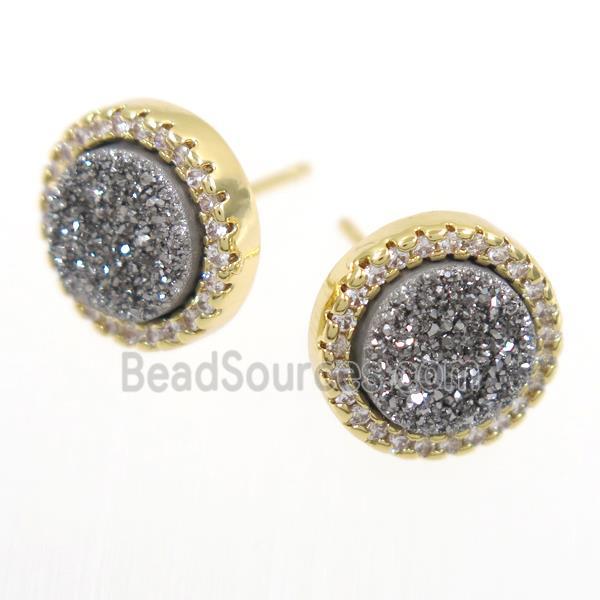 silver Druzy Quartz earring studs paved zircon, circle, gold plated