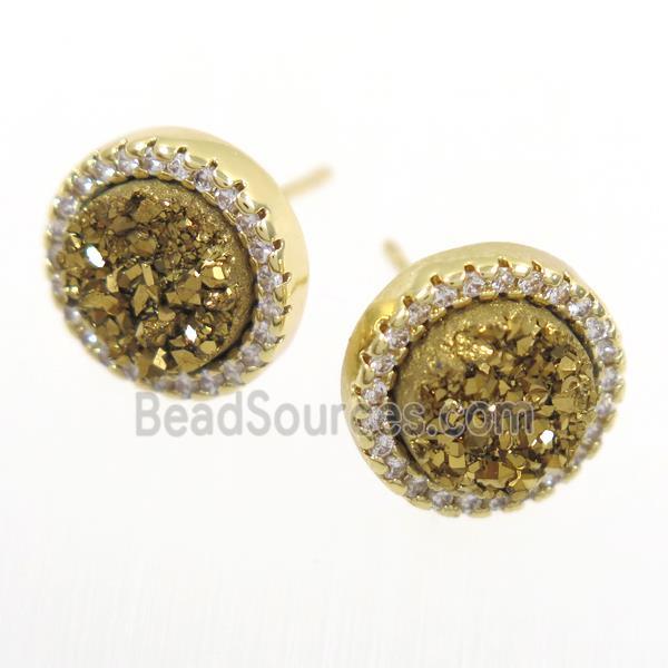 golden Druzy Quartz earring studs paved zircon, circle, gold plated