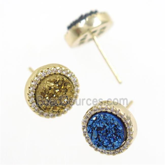 mix color Druzy agate earring studs paved zircon, circle, gold plated